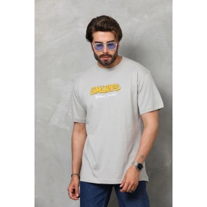 Erkek Kısa Kol Yazlık Tişört Bisiklet Yaka Baskılı Oversize T-Shirt - Gri