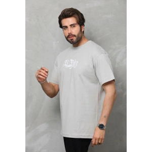 Erkek Kısa Kol Yazlık Tişört Bisiklet Yaka Baskılı Oversize T-Shirt - Gri