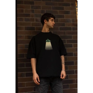 Erkek Kısa Kol Yazlık Tişört Bisiklet Yaka Baskılı Oversize T-Shirt - Siyah
