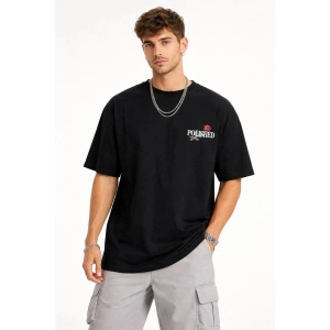Erkek Kısa Kol Yazlık Tişört Bisiklet Yaka Baskılı Oversize T-Shirt - Siyah