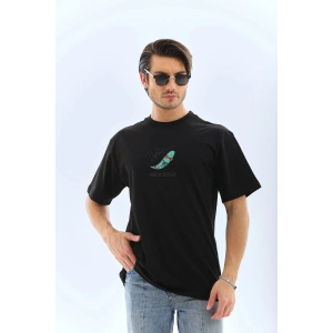 Erkek Kısa Kol Yazlık Tişört Bisiklet Yaka Baskılı Oversize T-Shirt - Siyah