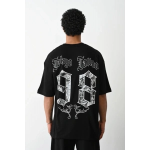 Erkek Kısa Kol Yazlık Tişört Bisiklet Yaka Baskılı Oversize T-Shirt - Siyah