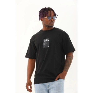 Erkek Kısa Kol Yazlık Tişört Bisiklet Yaka Baskılı Oversize T-Shirt - Siyah