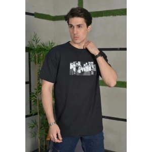 Erkek Kısa Kol Yazlık Tişört Bisiklet Yaka Baskılı Oversize T-Shirt - Siyah