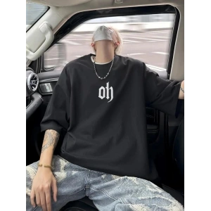 Erkek Kısa Kol Yazlık Tişört Bisiklet Yaka Baskılı Oversize T-Shirt - Siyah
