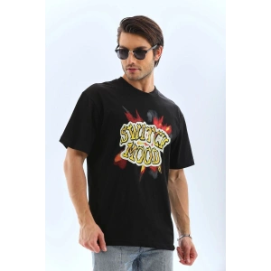 Erkek Kısa Kol Yazlık Tişört Bisiklet Yaka Baskılı Oversize T-Shirt - Siyah