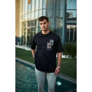 Erkek Kısa Kol Yazlık Tişört Bisiklet Yaka Baskılı Oversize T-Shirt - Siyah