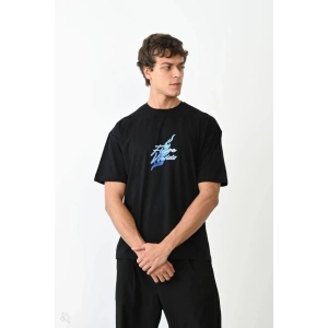 Erkek Kısa Kol Yazlık Tişört Bisiklet Yaka Baskılı Oversize T-Shirt - Siyah