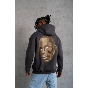 Erkek Kordonlu Arka Maske Kordon Saçlı 3 iplik pamuklu Kapüşonlu sweatshirt - Füme