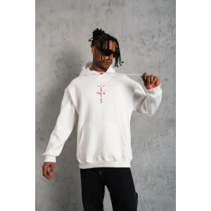 Erkek Kordonlu Arka Maske Kordon Saçlı Kapüşonlu sweatshirt hoodie - Beyaz