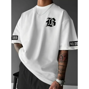 Erkek LB Baskılı Tişört Bisiklet Yaka Kısa Kol T-shirt - Beyaz