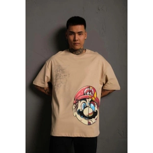 Erkek Mario Baskılı T-Shirt Oversize Kısa kol Bisiklet yaka tişort - Bej