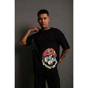 Erkek Mario Baskılı T-Shirt Oversize Kısa kol Bisiklet yaka tişort - Siyah