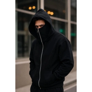 Erkek Maskeli Ninja Model Çift Kapüşonlu 3 İplik Şardonlu Fermuarlı Sweatshirt - Siyah