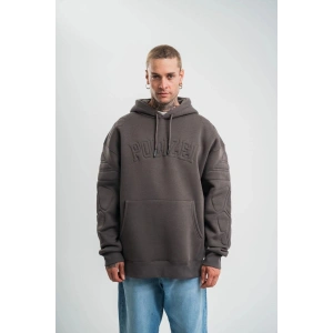 Erkek Nakışlı Kapüşonlu Oversize 3 İplik Pamuklu SweatShirt Hoodie - Füme