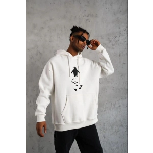 Erkek Nihilist Penguen Baskılı 3 İplik Pamuklu Kapüşonlu Sweatshirt Hoodie Beyaz