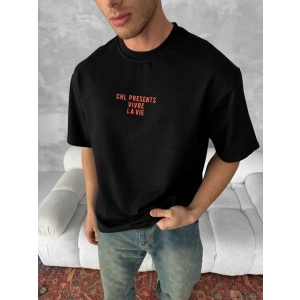 Erkek Ön ve Arka Baskılı T-Shirt Kısa Kol Bisiklet Yaka Regular Fit Tişört - Siyah
