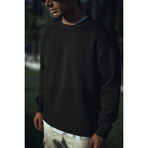 Erkek pamuklu Bisiklet Yaka 3 İplik Basic SweatShirt - Siyah