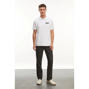 Erkek Polo Yaka Düğmeli Tişört Pike Baskılı T-Shirt - Beyaz