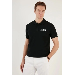 Erkek Polo Yaka Tişört Düğmeli Pike Baskılı T-Shirt - Siyah