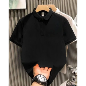 Erkek Polo Yaka Tişört Düğmeli Pike Düz T-Shirt - Siyah