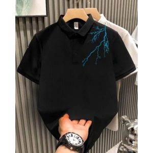 Erkek Polo Yaka Tişört Düğmeli Yıldırım Baskılı Pike T-Shirt - Siyah