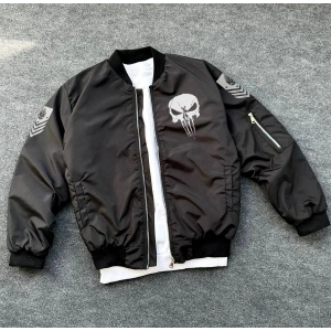 ERKEK Siyah Askeri Tarz Bomber Mont Punisher Skull Detaylı Fermuarlı Cepli - Siyah