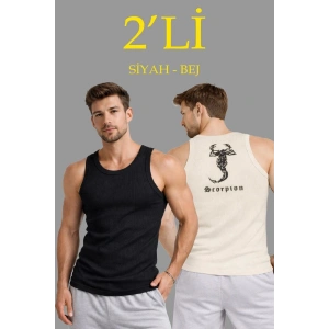 Erkek Spor Slimfit Fitilli Kaşkorse Arka Basklı Atlet 2li Set Siyah-Bej