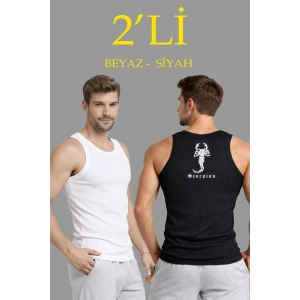Erkek Spor Slimfit Fitilli Kaşkorse Arka Basklı Atlet 2li Set Siyah-Beyaz