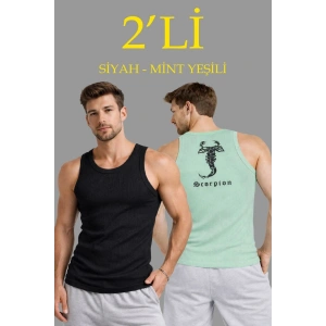 Erkek Spor Slimfit Fitilli Kaşkorse Arka Basklı Atlet 2li Set Siyah-Mint Yeşili
