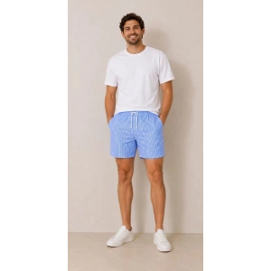 ERKEK Su Yolu Çizgili Şort Ön Arka Cepli Lastikli Bel Regular Fit Yazlık Şort - Mavi