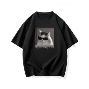 Erkek T-Shirt Komik Kedi Baskılı kısa kol Tişört - Siyah