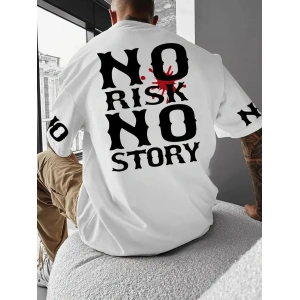 ERKEK T-Shirt  No Risk No Story Baskılı Bisiklet Yaka Tişört - Beyaz
