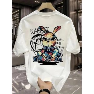 Erkek T-shirt Tavşan Baskılı Kısa Kollu Tişört - Beyaz