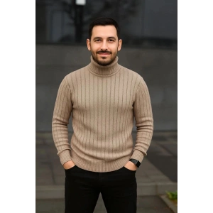 Erkek Tam Boğazlı Balıkçı Yaka Triko Kazak Kalın Fitilli - Bej