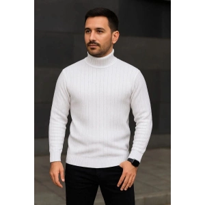 Erkek Tam Boğazlı Balıkçı Yaka Triko Kazak Kalın Fitilli - Beyaz