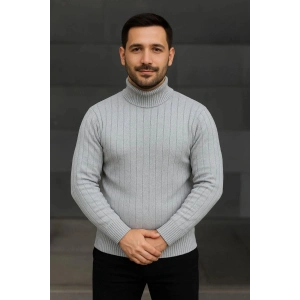Erkek Tam Boğazlı Balıkçı Yaka Triko Kazak Kalın Fitilli -  Gri