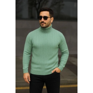 Erkek Tam Boğazlı Balıkçı Yaka Triko Kazak Kalın Fitilli - Mint Yeşili