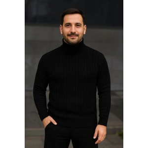Erkek Tam Boğazlı Balıkçı Yaka Triko Kazak Kalın Fitilli - Siyah
