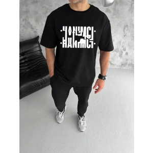 Erkek Tişört Kısa Kol Bisiklet Yaka Katlanan HANIMCI Baskılı T-Shirt - Siyah