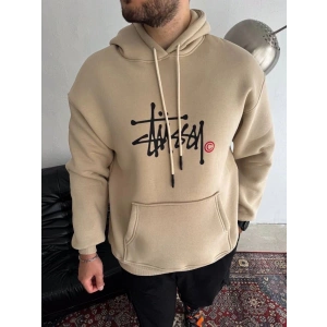 Erkek Üç İplik Kapşonlu Baskılı SweatShirt - Bej