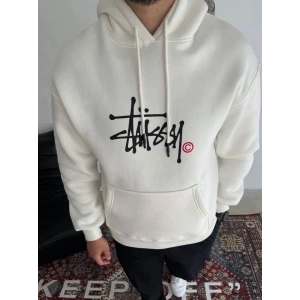 Erkek Üç İplik Kapşonlu Baskılı SweatShirt - Beyaz