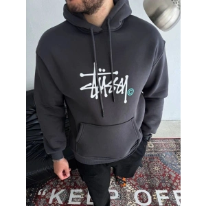 Erkek Üç İplik Kapşonlu Baskılı SweatShirt - Füme