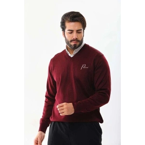 Erkek V Yaka Kazak Baskılı Dokuma Triko - Bordo