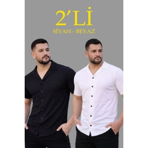 Erkek Waffle Kumaş Açık Yakalı Düğmeli Regular Fit Gömlek 2’li Set Siyah-Beyaz
