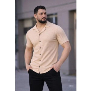 Erkek Waffle Kumaş Kısa Kollu Düğmeli Açık Yaka Regular Fit Gömlek - Bej