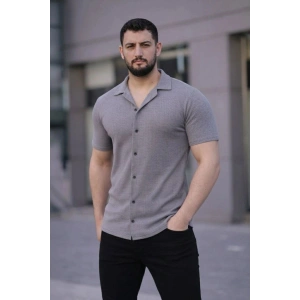 Erkek Waffle Kumaş Kısa Kollu Düğmeli Açık Yaka Regular Fit Gömlek - Gri