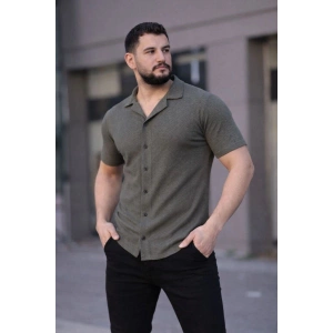 Erkek Waffle Kumaş Kısa Kollu Düğmeli Açık Yaka Regular Fit Gömlek - Haki