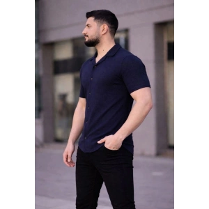 Erkek Waffle Kumaş Kısa Kollu Düğmeli Açık Yaka Regular Fit Gömlek - Lacivert