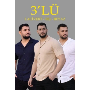 Erkek Waffle Kumaş Yakalı Kısa Kol Düğmeli Gömlek 3’lü Set Bej-Beyaz-Lacivert